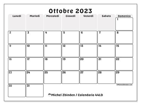 Calendario Ottobre 2023