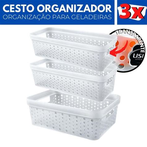 Kit Organizador Geladeira Cesto Transparente Cozinha M G Usual