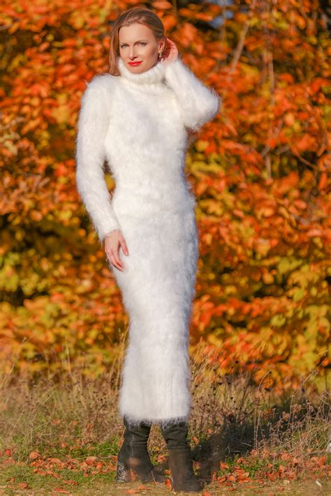 Long Mohair Sweater Dress Hand Knitted Fuzzy Turtleneck Dress Etsy