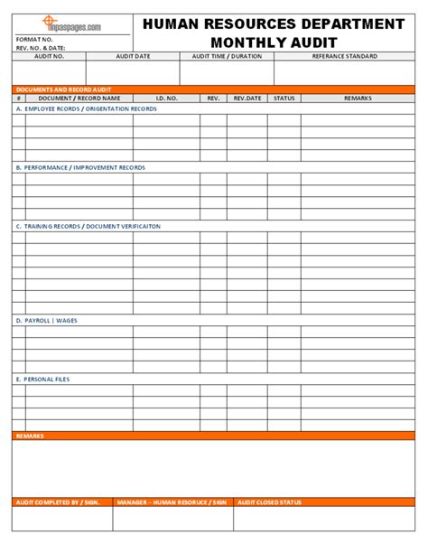 Monthly Audit Of Documents And Record Of Human Resources – in Sample Hr ...