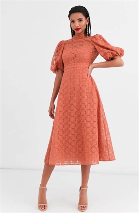 ASOS DESIGN Broderie Organza Midi Skater Dress With Puff Sleeves Chic