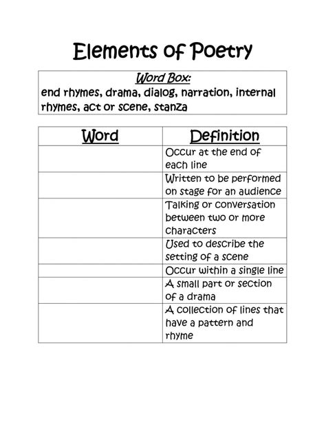 Poetry Worksheets Poetry Terms Worksheet Worksheets Library