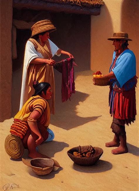 A Beautiful Painting Of An Incan Woman Exchanging Food Stable