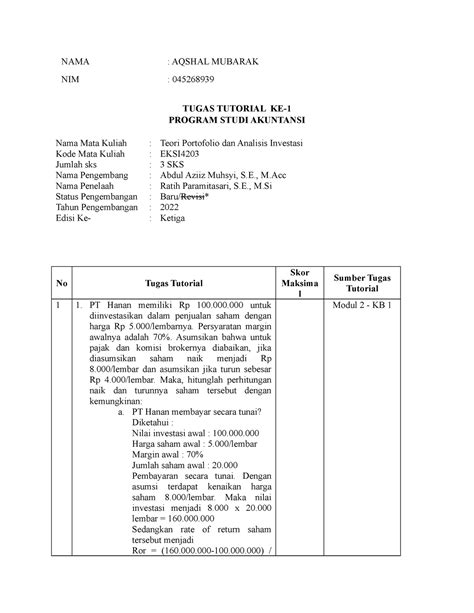 Tugas Teori Portofolio Analisis Investasi Nama Aqshal Mubarak Nim