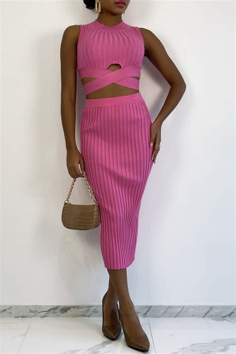 Ensemble Jupe Longue Et Crop Top Bandage Rose Fuchsia