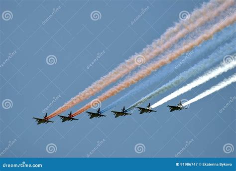 Airplanes In The Sky They Paint Russian State Flag Tricolor In The Sky