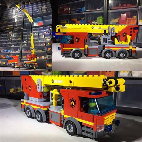 there are two pictures of a lego firetruck in the same photo, one is ...