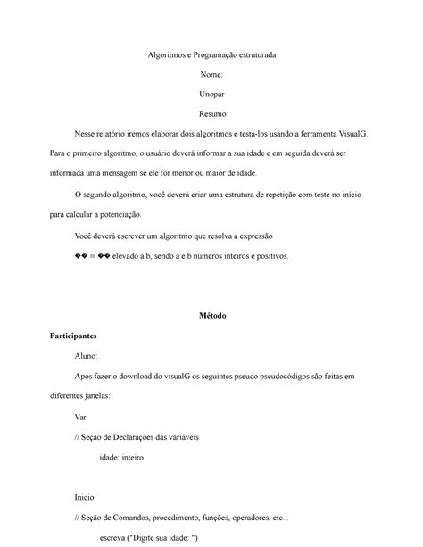 Relatório De Aula Prática Algoritmos E Programação Estruturada Algoritmos E Programação