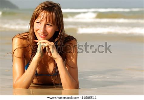 Portrait Happy Woman Blue Bikini Lying Stock Photo Shutterstock