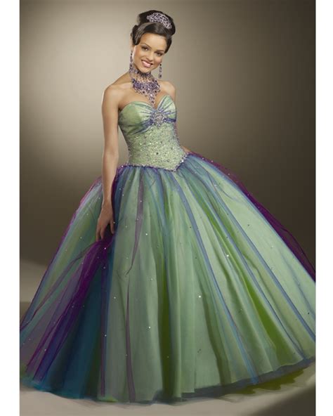 Green And Purple Strapless Sweetheart Floor Length Ball Gown Tulle