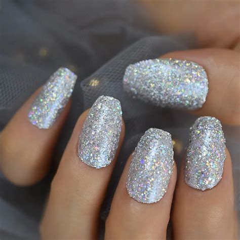 Holographic Silver Glitter Press On Nails Short Style Daily Wear Nude Pink Lady False Nails Oval