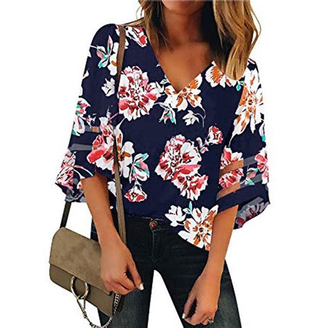 Buy Casual Blouses Womens V Neck Floral Mesh Panel Blouse 3 4 Bell