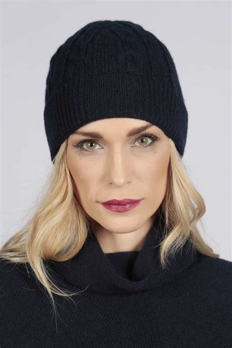 Navy Blue Pure Cashmere Beanie Hat Cable And Rib Knit