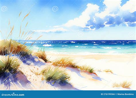 Beautiful Sandy Beach And Blue Sky Watercolor Illustration Stock Photo