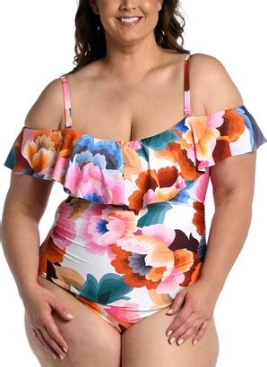 La Blanca Plus Size Floral Rhythm Off The Shoulder Ruffle One Piece