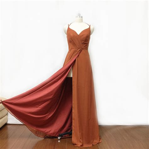 Burnt Orange Chiffon Long Bridesmaid Dress With Slit Etsy