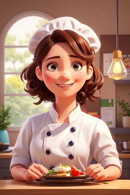 Linda Chef De Personagem Uniforme Sorrindo E Segurando Um Prato De