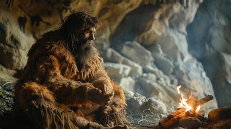 Hombre De Neandertal Sentado Junto Al Fuego En Una Cueva Retrato De