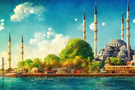 Digital cartoon wallpaper of Istanbul's mosque exterior with water in foreground. Anime style ...