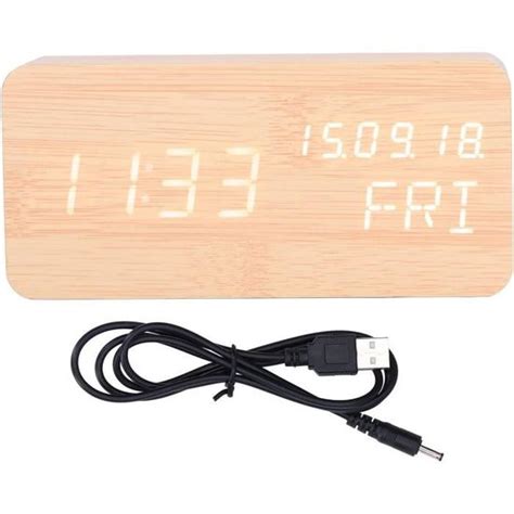 Led Réveil Numérique Horloge De Chevet En Bois Contrôle Du Son 3