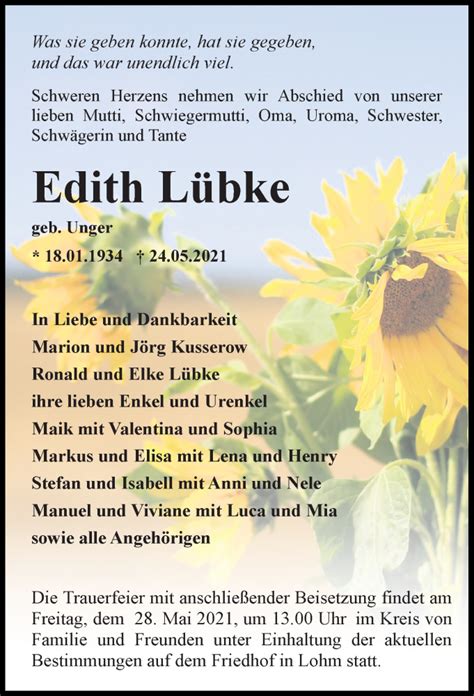 Traueranzeigen von Edith Lübke trauer anzeigen de