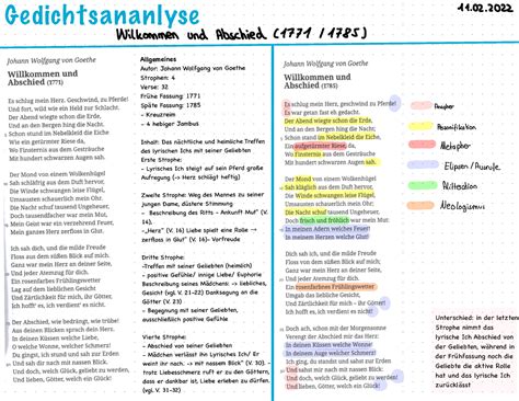 Willkommen Und Abschied Analyse Gedichtsananlyse Allgemeines Autor