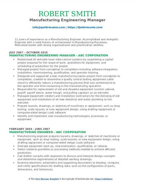 10+ Manufacturing Engineer Resume Samples & Templates for 2025