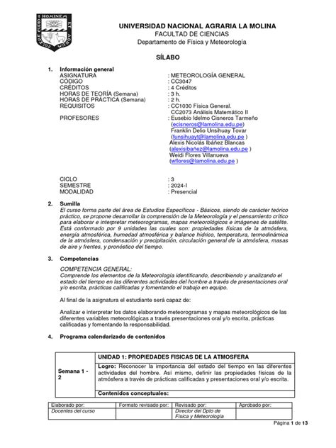 SÍlabo Por Competencias Metgral I 2024 Pdf Meteorología