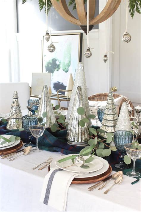 Eclectic Christmas Tablescape with mercury glass christmas trees and ornaments #tablesc ...