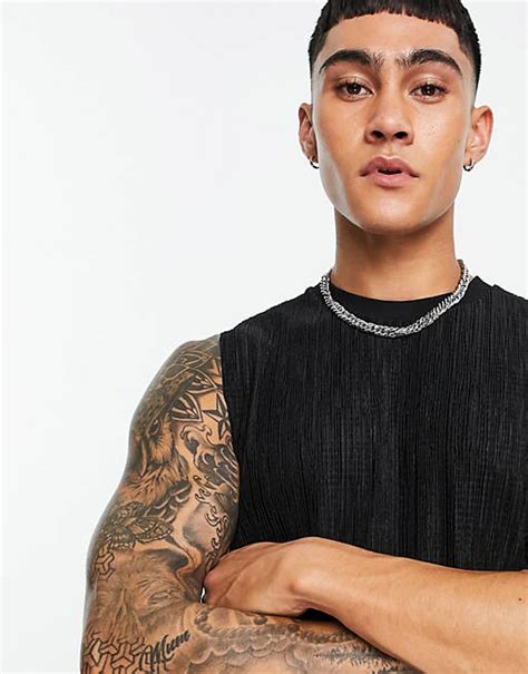 Camiseta Negra Holgada Sin Mangas De Tejido Plisado De Asos Design Asos