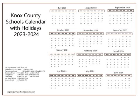 Knox County Schools Calendar with Holidays 2023-2024