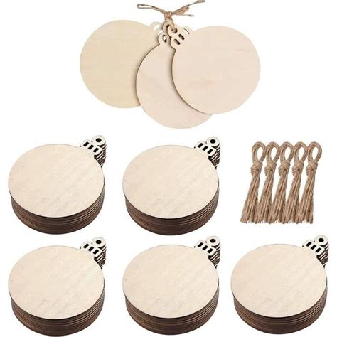 Kentop 50Pcs Rondes Boules de Noël en Bois Ficelle de Jute Décoration