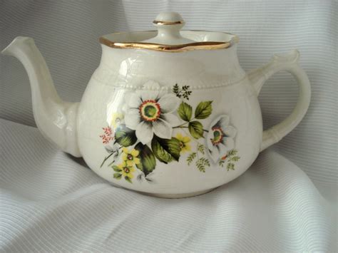 Vintage Teapot Arthur Wood England Tea Pot White Floral Shabby