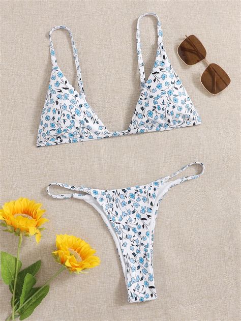 Shein Swim Mod Ditsy Floral Bikini Set Triangle Bra Thong Bottom