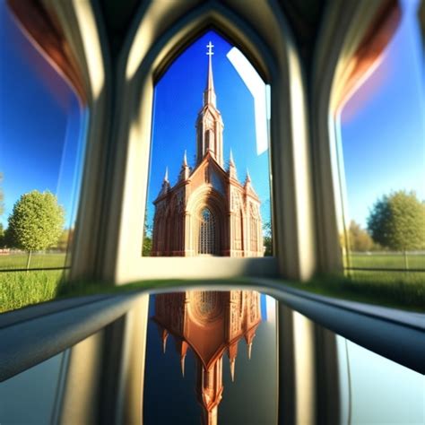 Premium AI Image A Church Is Reflected In A Window With A Blue Sky