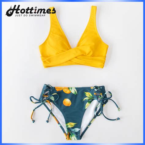 Womens Two Piece Bikini Swimsuit Yellow Floral Swimwear For Summer Beach Outfit Shopee
