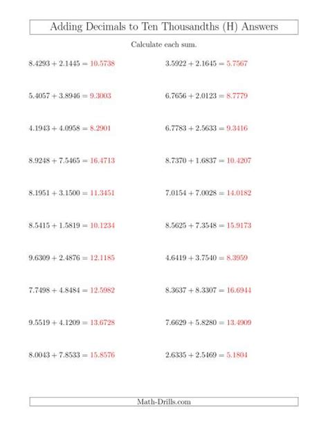 Adding Decimals To Ten Thousandths Horizontally H