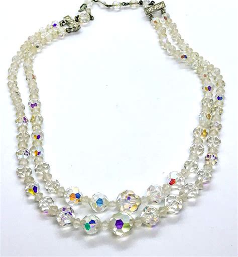 Vintage 50s Long Glass Ab Crystal Bead Necklace Multi 2 Strand Costume