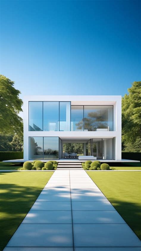 Luxurious House With A Symmetrical Design Large Windows Neatly Arranged Greenery And A