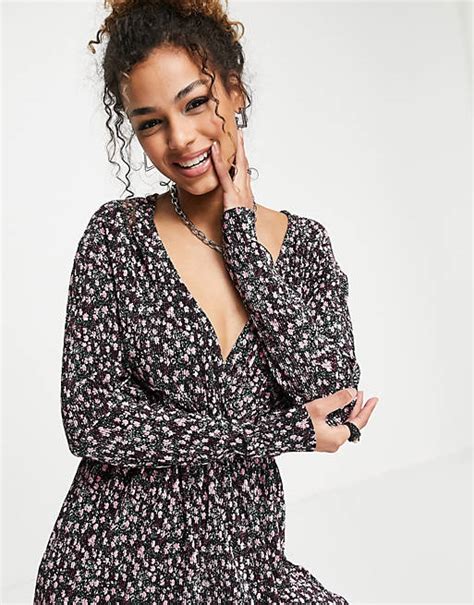 Asos Design Wrap Front Plisse Jumpsuit In Purple Floral Asos