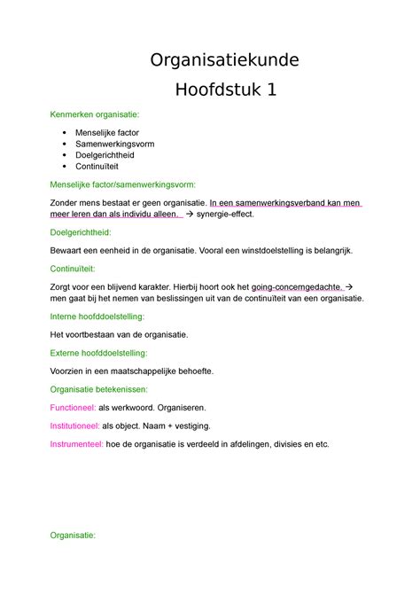 Samenvatting Toegepaste Organisatiekunde Organisatiekunde Hoofdstuk