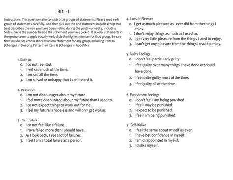 Beck Depression Inventory Ii Bdi Ii Instructions This Questionnaire Consists Of 21 Groups