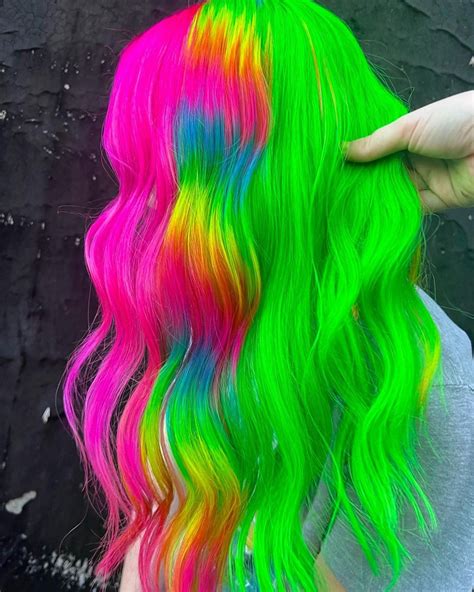 Bright Neon Rainbow Hair Color In 2024 Rainbow Hair Color Extreme Hair Colors Vibrant Hair