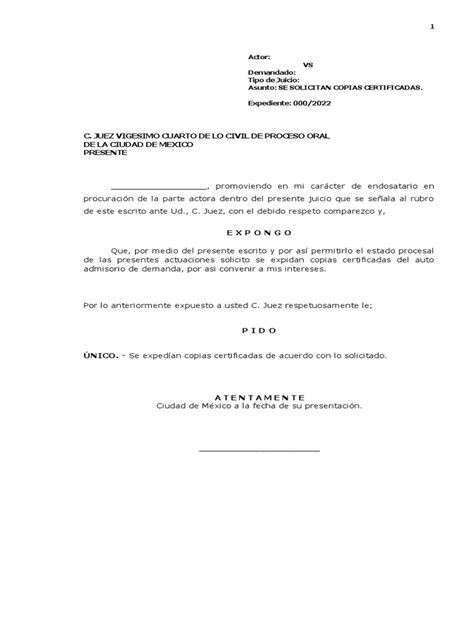 Escrito Solicitud De Copias Certificadas Pdf