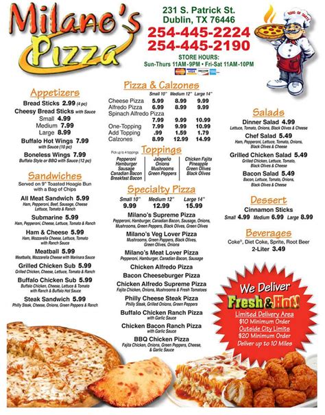 Menu at Milano's Pizza pizzeria, Dublin, 231 S Patrick St