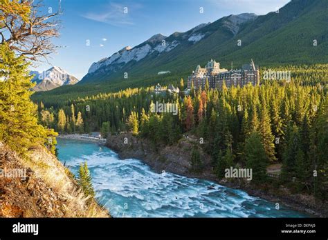 The Imposing Banff Springs Hotel With Bow River Banff National Park