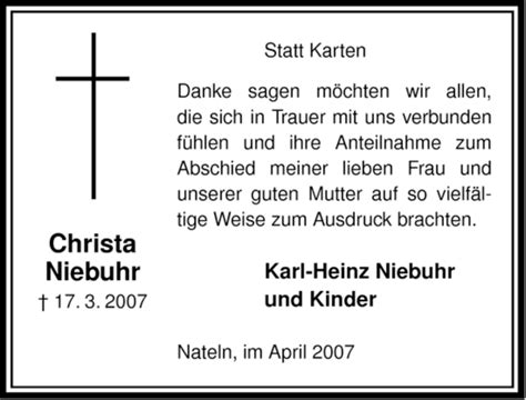 Traueranzeigen Von Christa Niebuhr AZ Trauer De