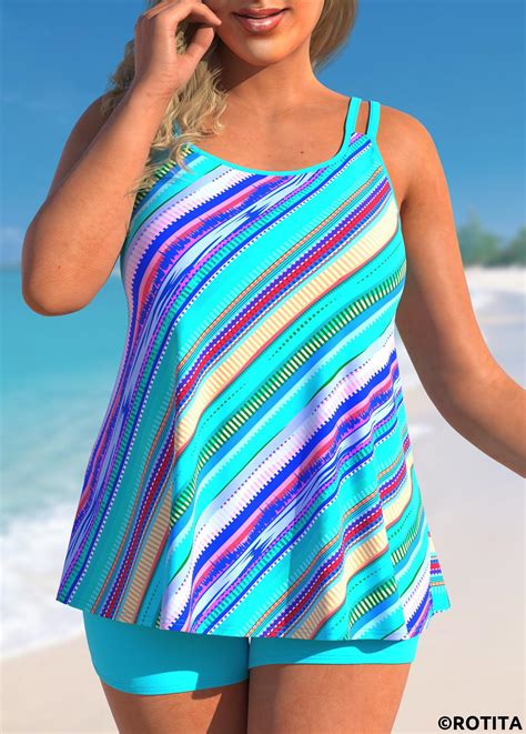 ROTITA Cyan Geometric Stripe Print Tankini Set Rotita USD 35 98