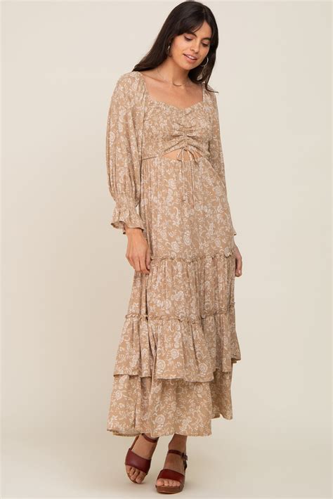 Beige Floral Cutout Smocked Tiered Maxi Dress Pinkblush