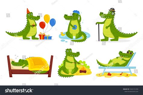 Crocodile Cartoon Characters Set Cute Alligators เวกเตอร์สต็อก ปลอด